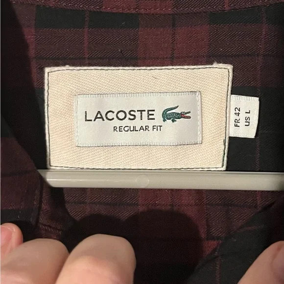 Lacoste Men's Maroon and Black Plaid Button Shirt Size Large - Picture 3 of 12